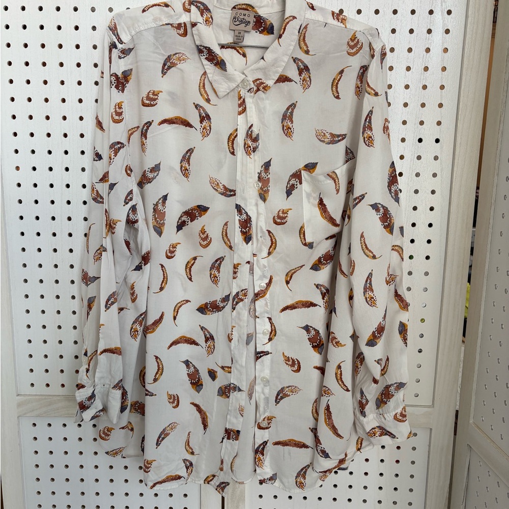 Como Vintage Feather Pattern Shirt - Cream and Brown